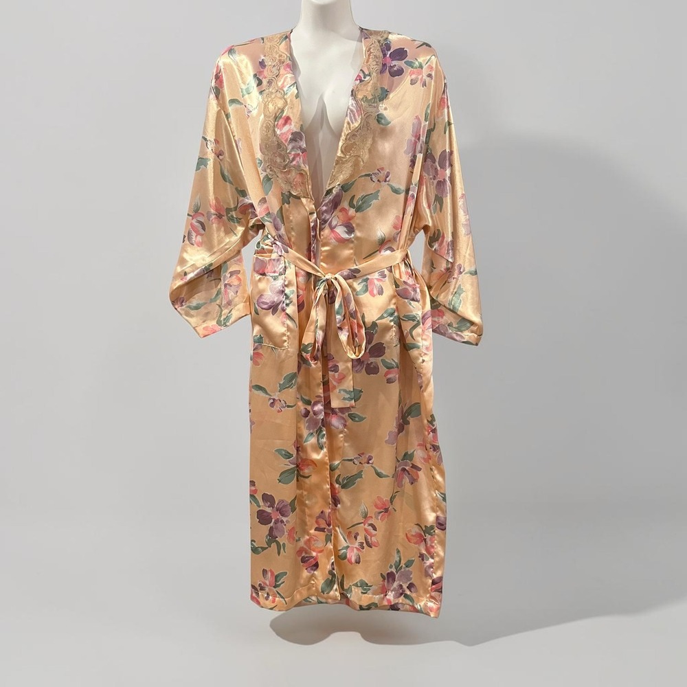 Vintage Victoria's Secret Gold Tag Floral Satin Lace Long Robe Peignoir M Peach